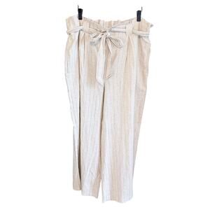 Max studio linen cotton blend natural tan pinstripe pants belted XL pull on